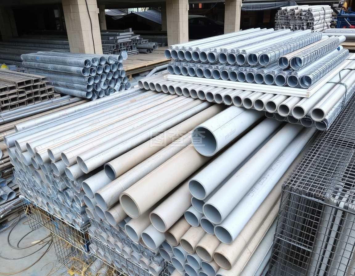 建筑基地,有各种建筑材料。金属管道,角落和渠道,网格。